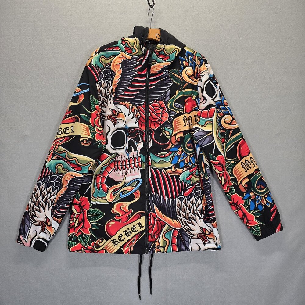 Rebel Vengeance Aop Non Ducor Duco Skulls Roses Tapestry Shirt Jacket Large New